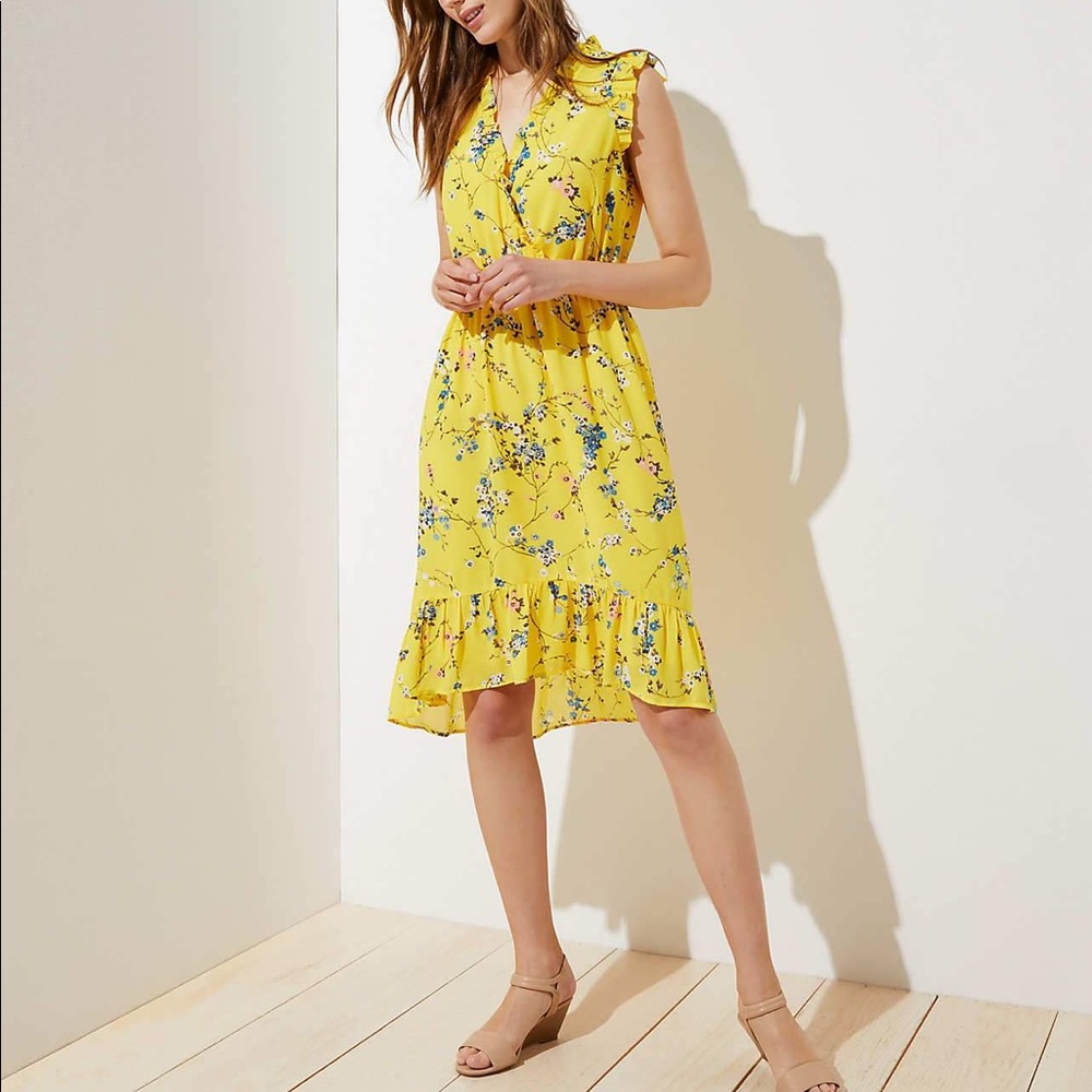 Loft Petite Floral Ruffle Flounce Dress Yellow